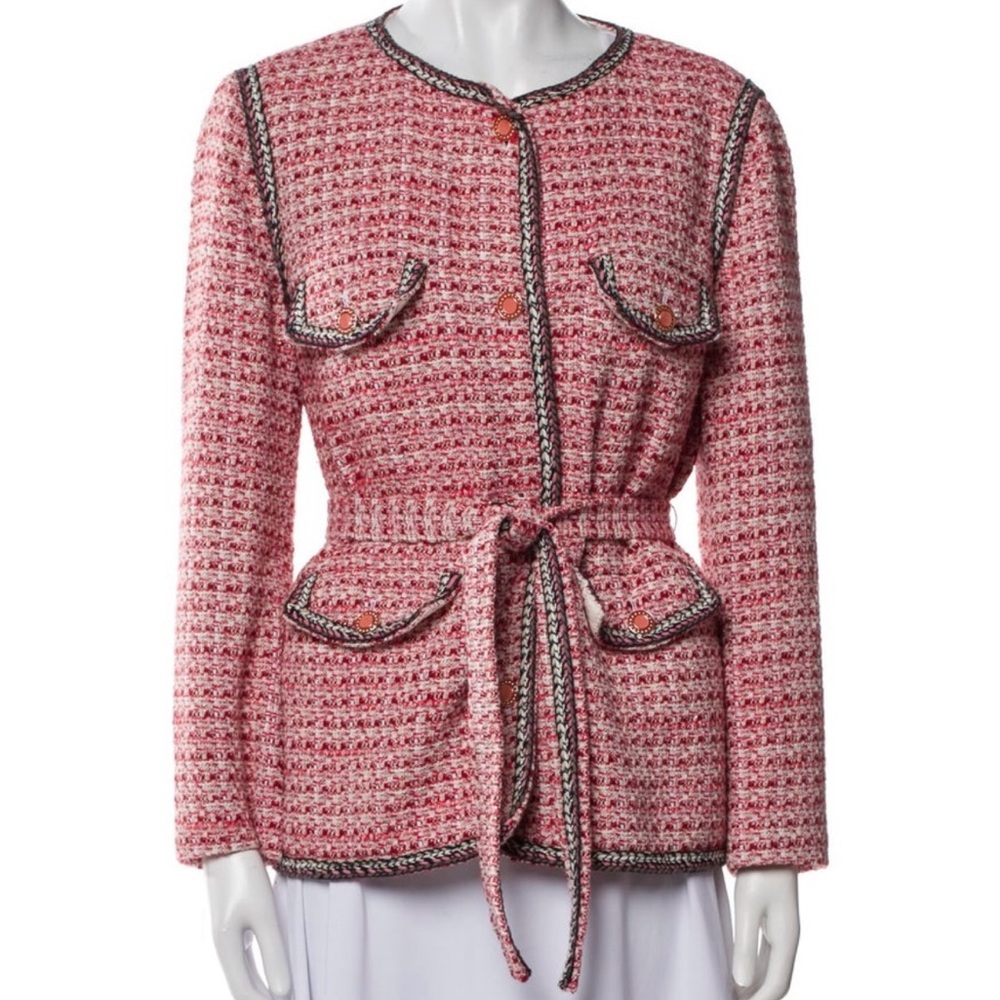 Maje Pink Tweed Belted Blazer